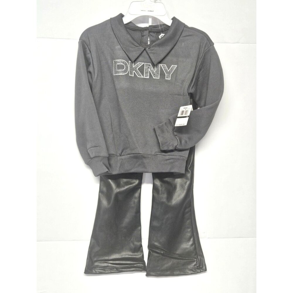 DKNY Girls Size 6 2Pc Outfit Sparkling Stone Logo Sweatshirt, Black Flared Pants